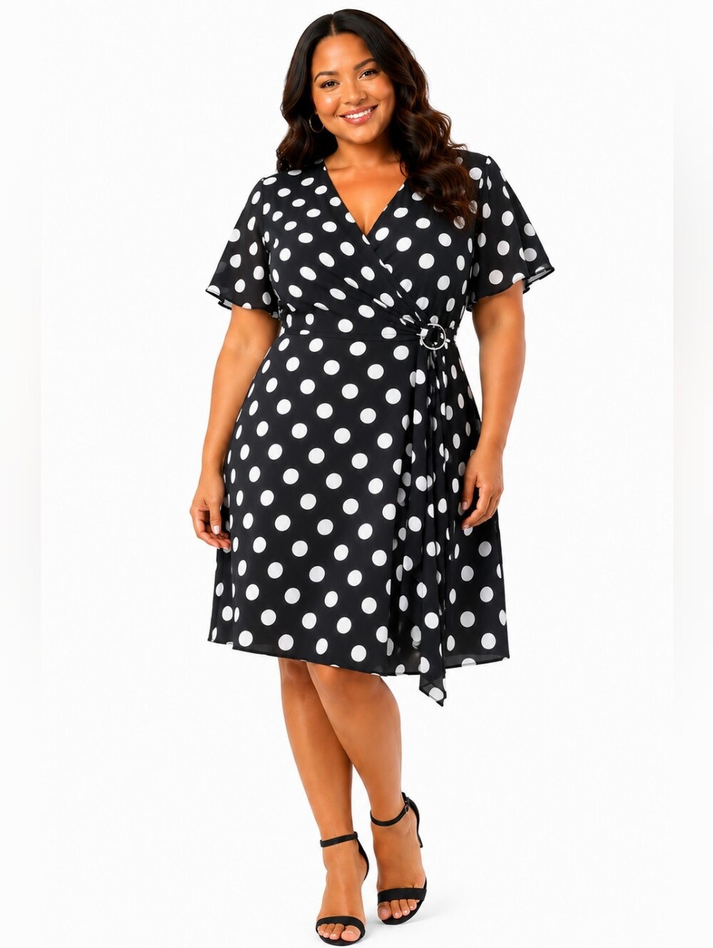 Jessica Howard Faux Wrap Polka Dot Fit & Flare Dress Black White 16W coquette